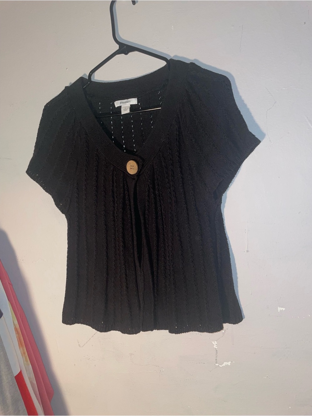 dressbarn Black Short-Sleeve Knit Top with Wood Accent Button